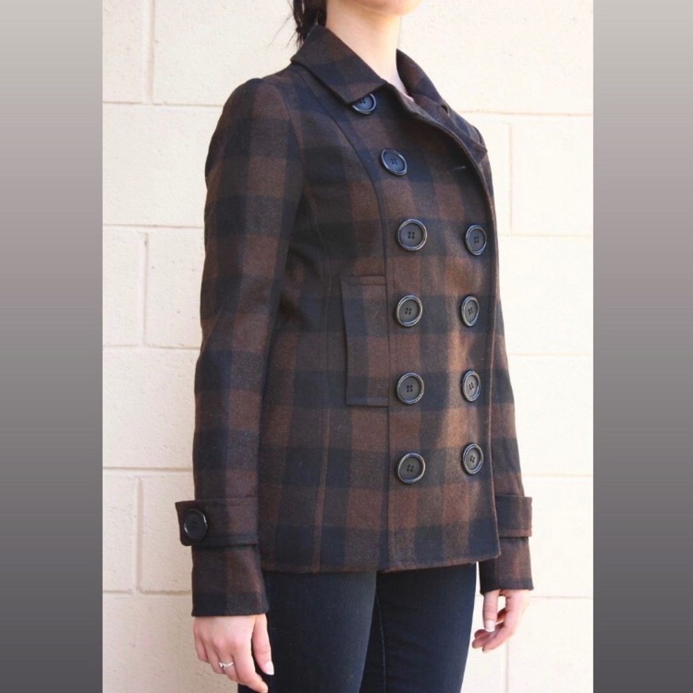 Bailey 44 Brown and Black Buffalo Plaid Peacoat Size 6